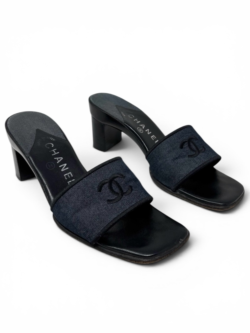 Chanel Vintage Navy CC Logo Mule Heeled Sandals Size 6.5 90s Y2K